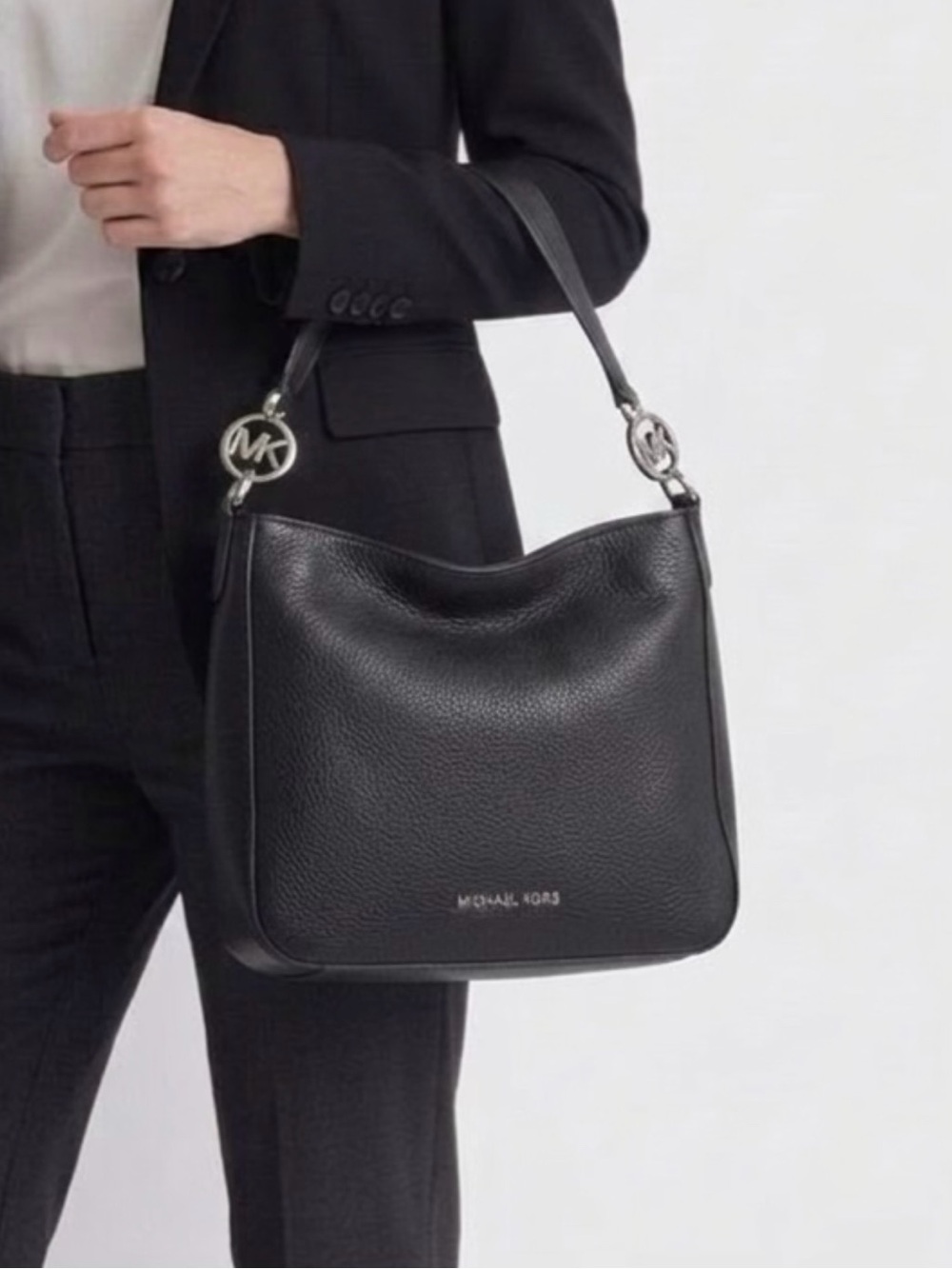Michael Kors Black Pebbled Leather Hobo Shoulder Bag Silver Hardware 12x12x4
